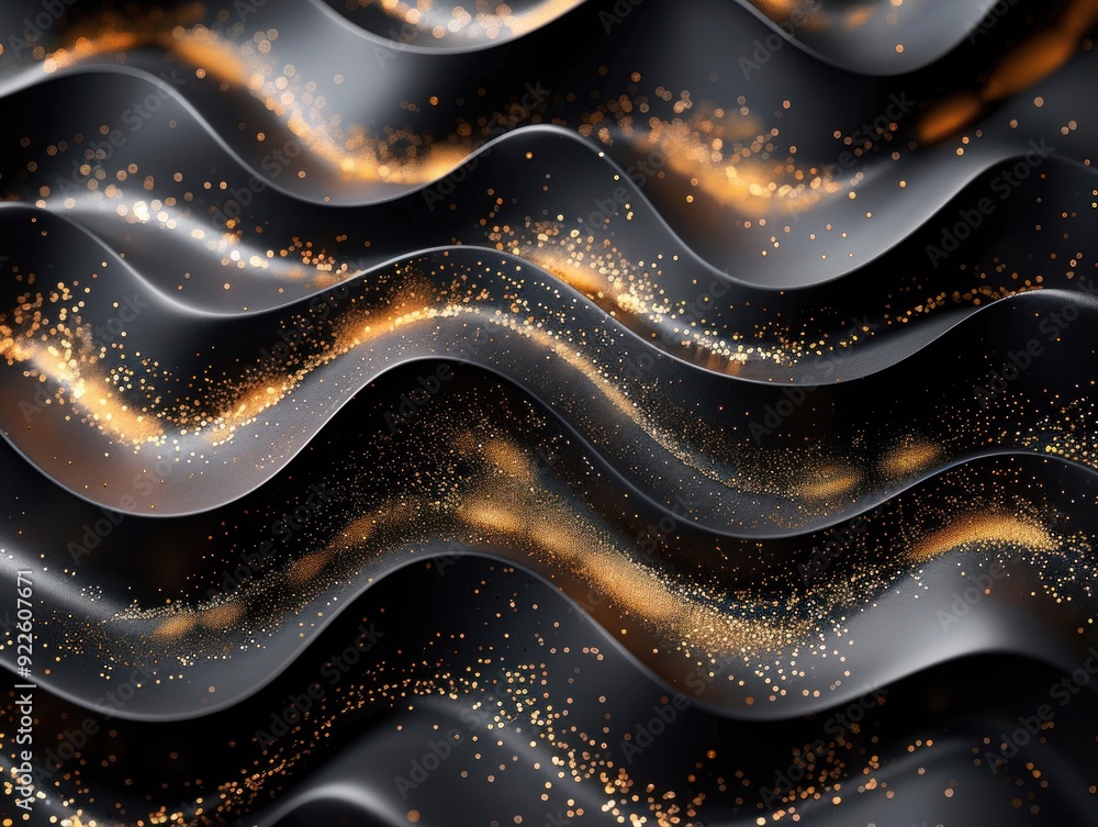 Smooth black and gold lines ripple across a textured surface with shimmering effect Smooth black and gold lines ripple across a textured surface with shimmering effect