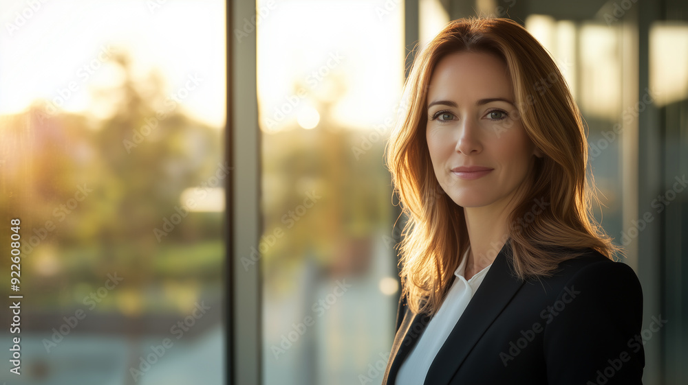 Portrait of a confident businesswoman in a modern office setting with natural light streaming through large windows, highlighting her professional attire and focused expression Portrait of a confident businesswoman in a modern office setting with natural light streaming through large windows, highlighting her professional attire and focused expression