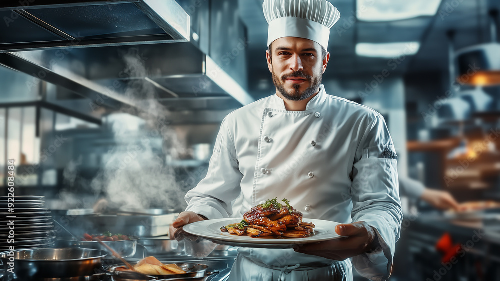 portrait of a confident chef in a professional kitchen, holding a plated dish with pride, surrounded by the vibrant energy of the culinary world portrait of a confident chef in a professional kitchen, holding a plated dish with pride, surrounded by the vibrant energy of the culinary world