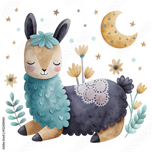 Sleeping llama watercolor isolated clipart baby clothes, pattern and textile