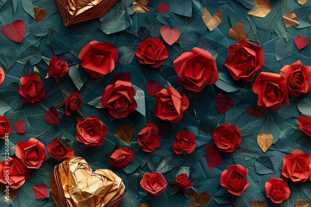 Red Roses and Golden Heart on Teal Background - Illustration Red Roses and Golden Heart on Teal Background - Illustration