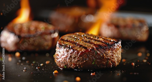 Grilled Steak on a Plate With Herb Garnish Near an Open Flame at Dusk