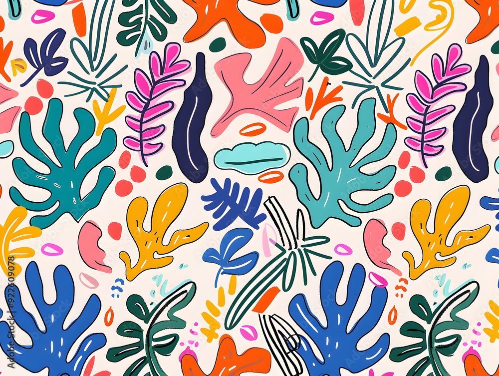 Vibrant Abstract Botanical Pattern with Bold Leaf and Floral Designs in a Playful Color Palette Vibrant Abstract Botanical Pattern with Bold Leaf and Floral Designs in a Playful Color Palette