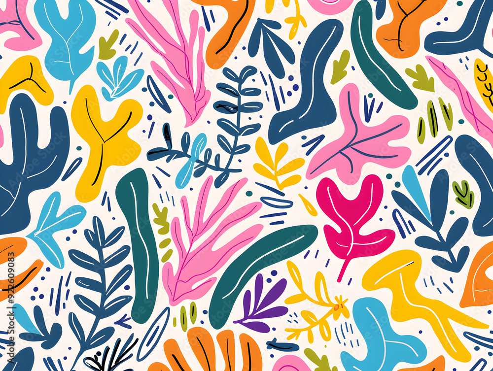 Vibrant Abstract Botanical Pattern with Bold Leaf and Floral Designs in a Playful Color Palette Vibrant Abstract Botanical Pattern with Bold Leaf and Floral Designs in a Playful Color Palette