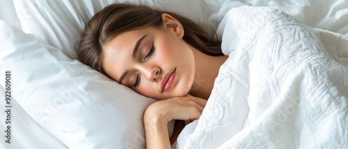 Beautiful young woman lying in bed and keeping eyes closed while covered with blanket