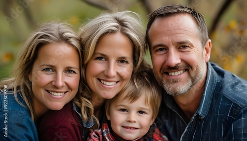 A warm family group photo, with a family of four smiling, showing close relationship.