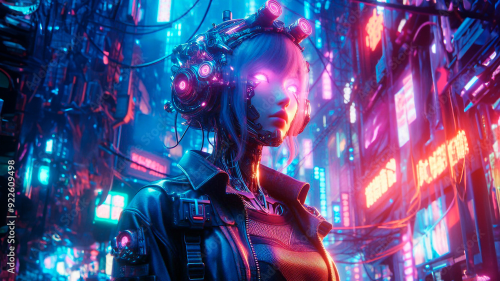 A highly detailed cyberpunk scene of a hot girl with futuristic gear standing in neon light at dusk. A highly detailed cyberpunk scene of a hot girl with futuristic gear standing in neon light at dusk.