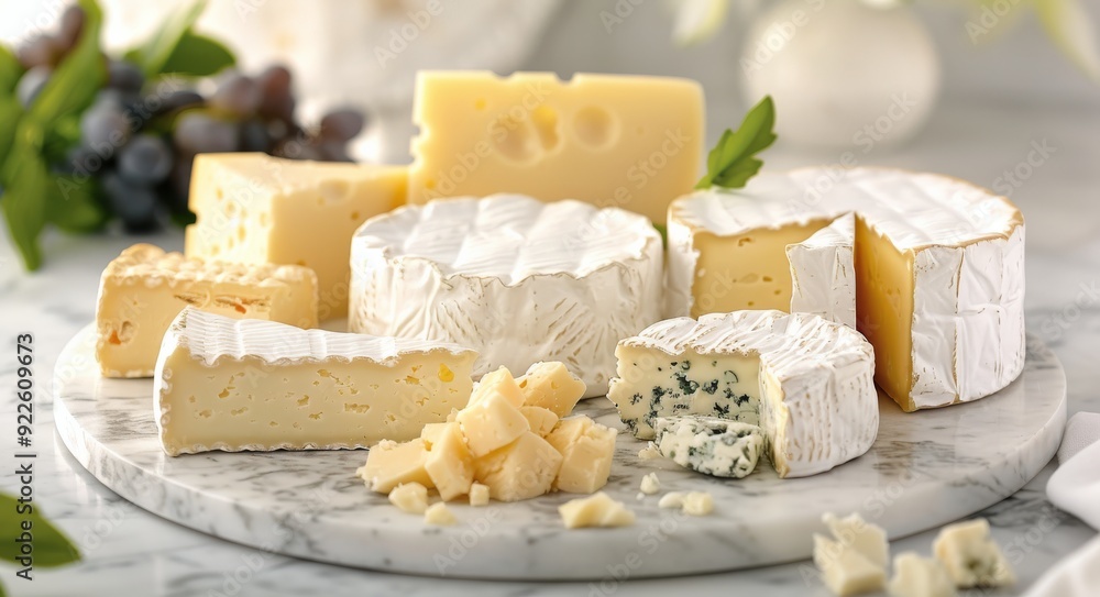Artisan Cheese Selection on Marble Board With Grapes and Greenery Artisan Cheese Selection on Marble Board With Grapes and Greenery