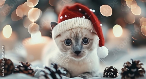 Adorable Kitten Wearing Santa Hat Surrounded by Holiday Decorations and Pine ...