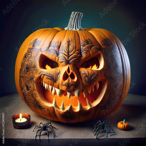 Spooky halloween pumpkin with tattoo carving dark background 