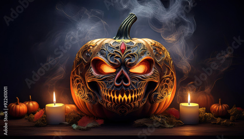 Spooky halloween pumpkin with tattoo carving dark background 