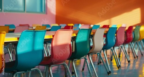 Colorful Chairs Arranged in Empty Classroom With Vibrant Walls in Morning Light
