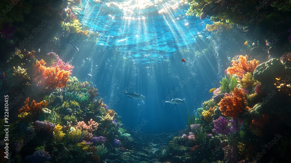 Fototapeta premium Sunlight streams through the ocean, illuminating colorful coral reefs.