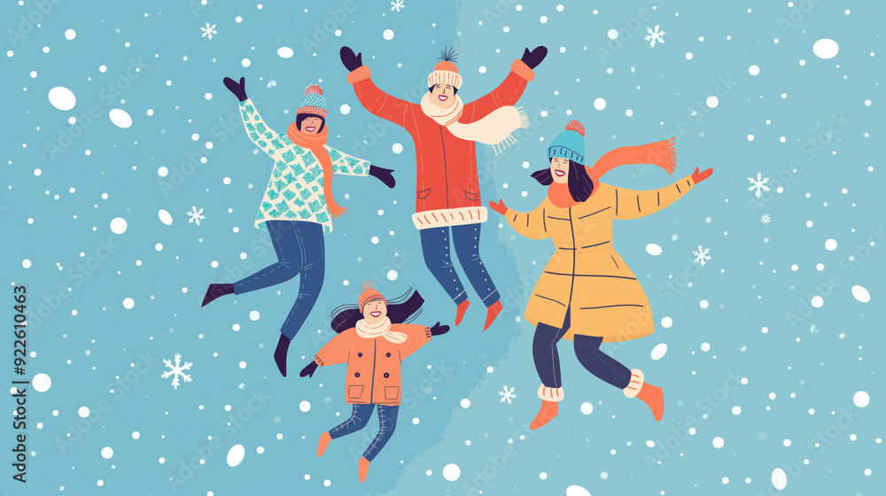 A group of people are jumping in the snow, with one person wearing a yellow coat A group of people are jumping in the snow, with one person wearing a yellow coat
