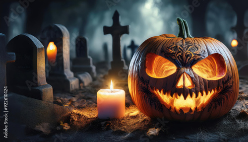 Generated imagespooky halloween pumpkin with tattoo carving dark background 