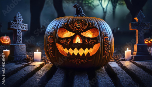 spooky halloween pumpkin with tattoo carving dark background 