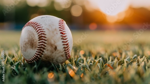 Baseball Resting on Grass With Blurred Sunset Background