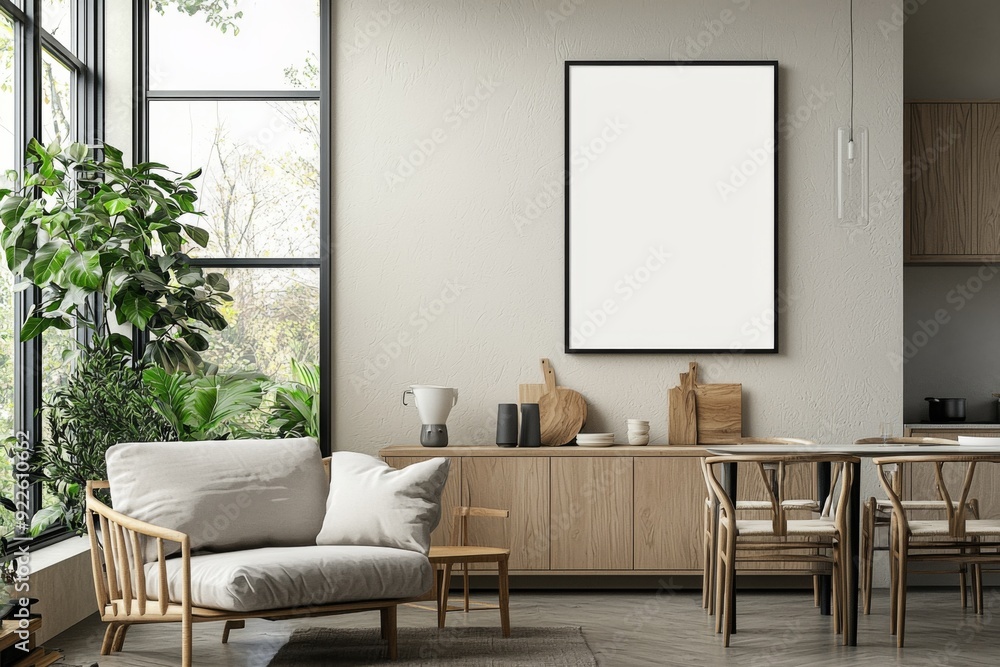 Minimalist Kitchen interior with Poster Mockup created with Generative AI Minimalist Kitchen interior with Poster Mockup created with Generative AI