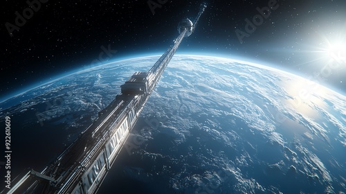 Generated scene of futuristic space elevator extending for the stars above Earth. photo