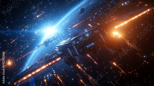 Image of futuristic spaceship in space battle over a planet.