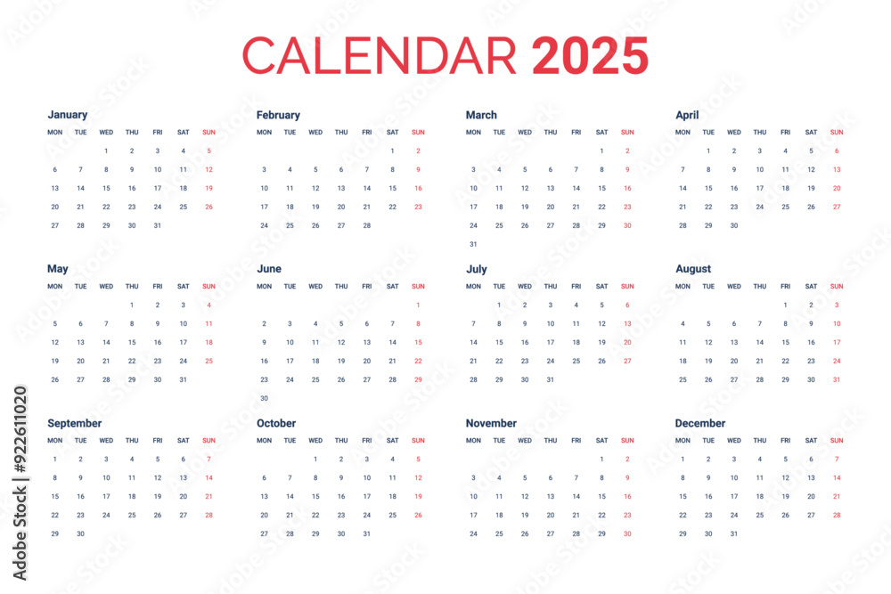 Calendar for 2025, week starts Monday Corporate Design Template vector. Calendar for 2025, week starts Monday Corporate Design Template vector.