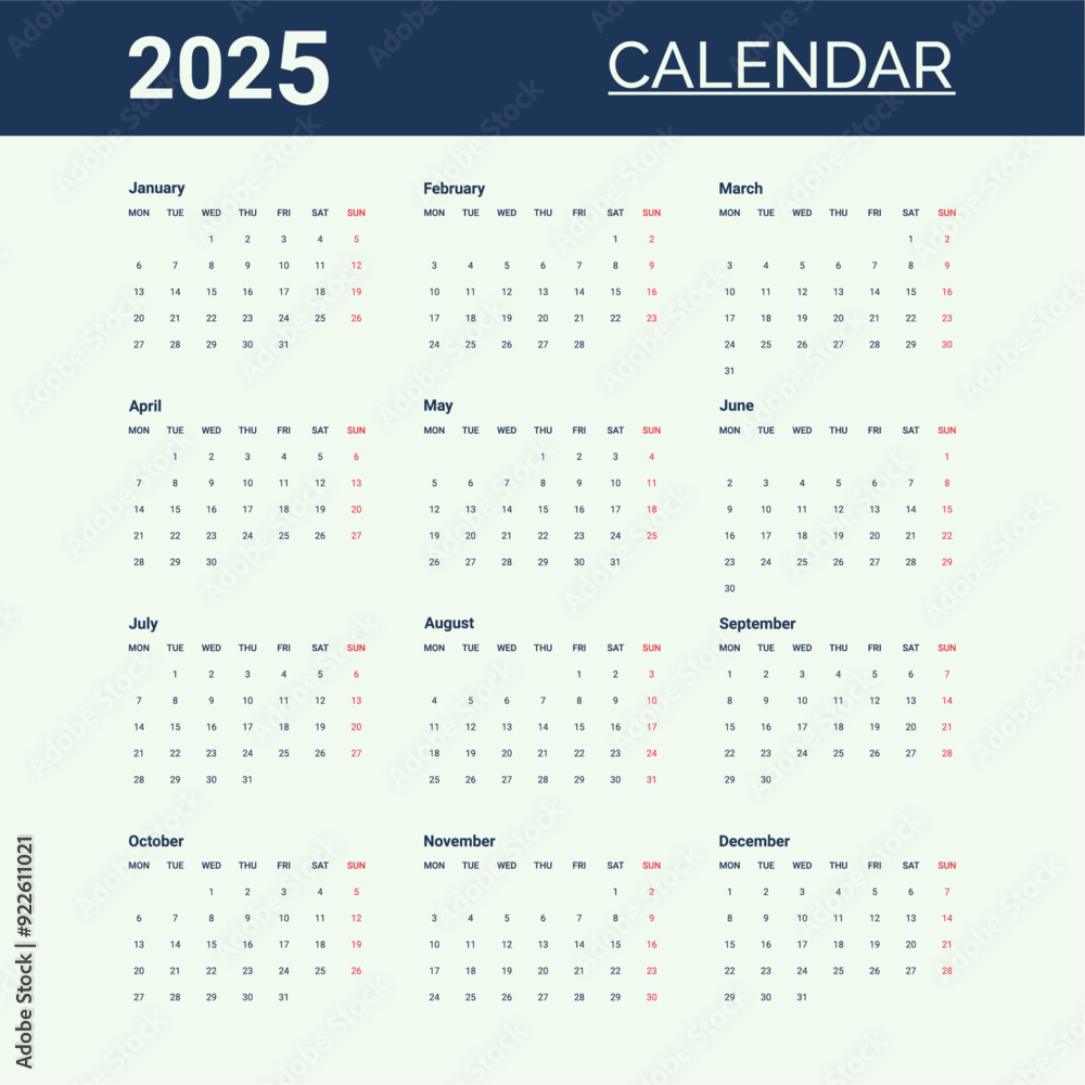 2025 Calendar, week starts Monday design template vector. 2025 Calendar, week starts Monday design template vector.