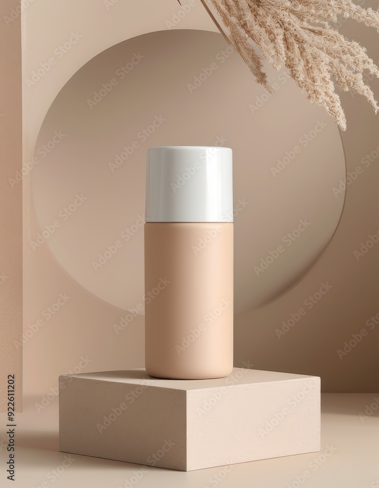 Minimalist skincare product display, soft beige background with abstract shapes, highlights elegant packaging and natural elements for a serene aesthetic. Minimalist skincare product display, soft beige background with abstract shapes, highlights elegant packaging and natural elements for a serene aesthetic.