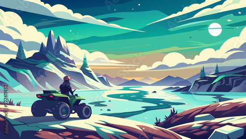 A person on an ATV stands on rocky ground, overlooking a vast and expansive mountainous landscape with a mix of snow and green patches under a bright,