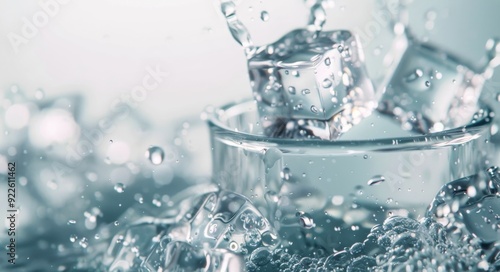 Ice Cubes Splashing in Clear Water With Droplets in a Bright Environment
