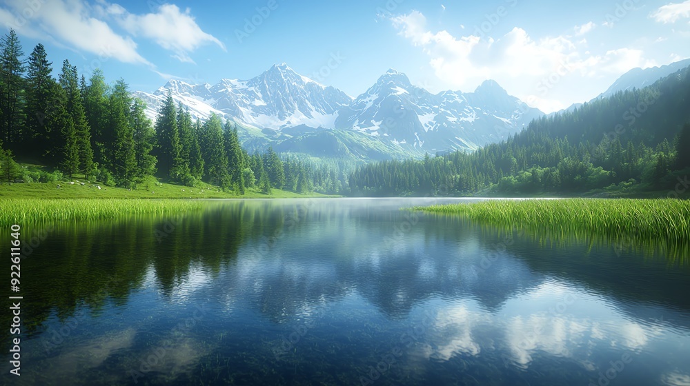 Tranquil mountain lake with snow-capped peaks reflected in the water. Tranquil mountain lake with snow-capped peaks reflected in the water.