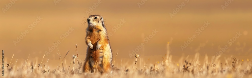 The proboscis marmot stands on its hind legs in the steppe, carefully examining the surroundings The proboscis marmot stands on its hind legs in the steppe, carefully examining the surroundings