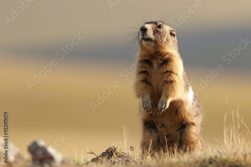 The proboscis marmot stands on its hind legs in the steppe, carefully examining the surroundings photo