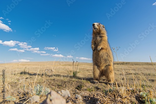 The proboscis marmot stands on its hind legs in the steppe, carefully examining the surroundings photo