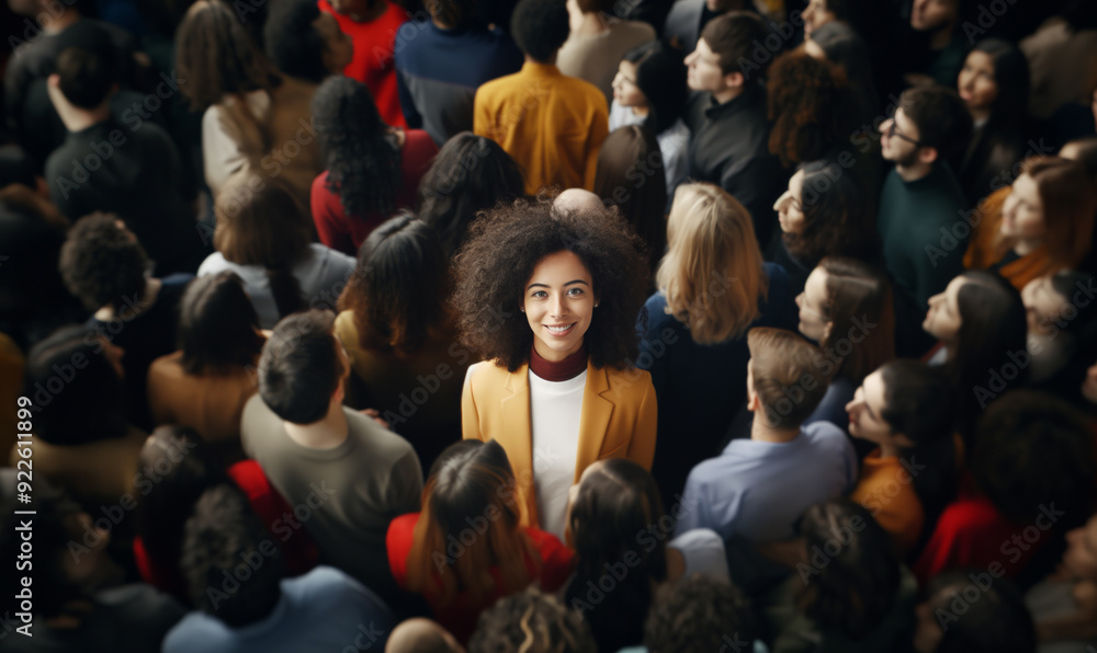 Smiling young woman with curly hair stands out confidently in a crowd ...