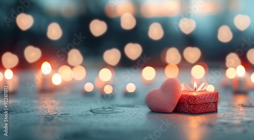 Romantic Gift Box Surrounded by Heart-Shaped Bokeh Lights at Dusk