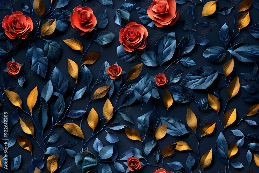 Red Rose Gold Leaves Blue Background Illustration Red Rose Gold Leaves Blue Background Illustration