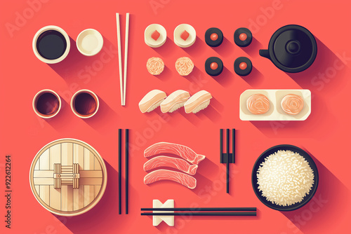 A colorful array of Asian food and utensils, including chopsticks, bowls photo