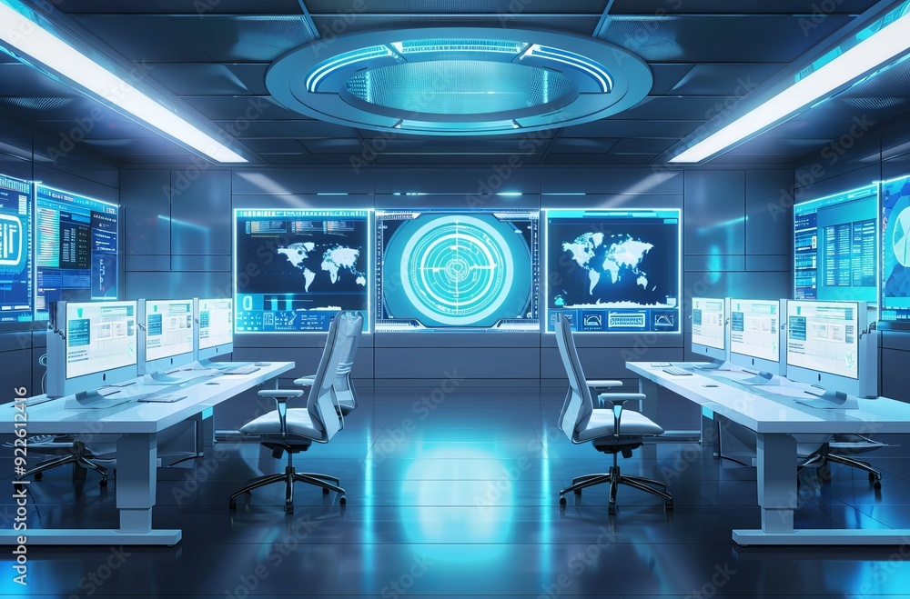 room with chairs and table A futuristic control room with multiple monito interior with computers Futuristic office with augmented reality interfaces room with chairs and table A futuristic control room with multiple monito interior with computers Futuristic office with augmented reality interfaces
