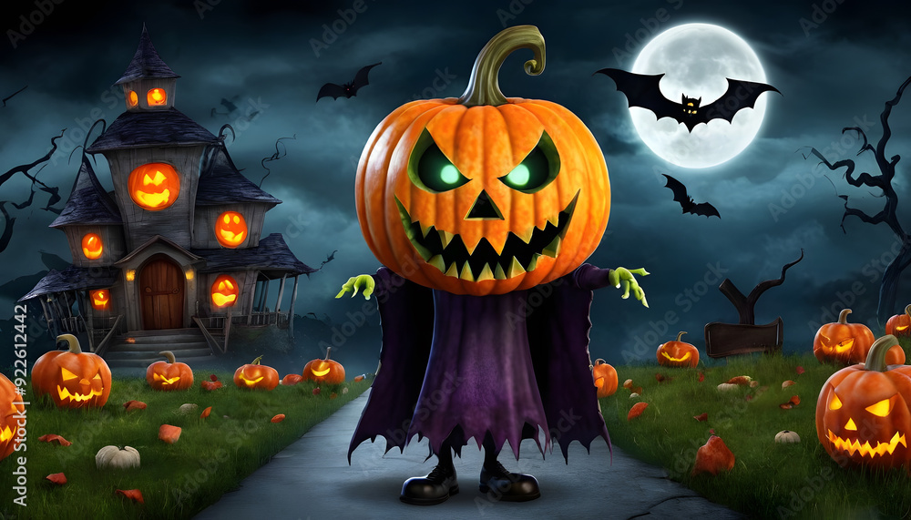 A spooky Halloween scene featuring a large pumpkin-headed character in a dark cloak, standing on a path surrounded by carved pumpkins. A spooky Halloween scene featuring a large pumpkin-headed character in a dark cloak, standing on a path surrounded by carved pumpkins.