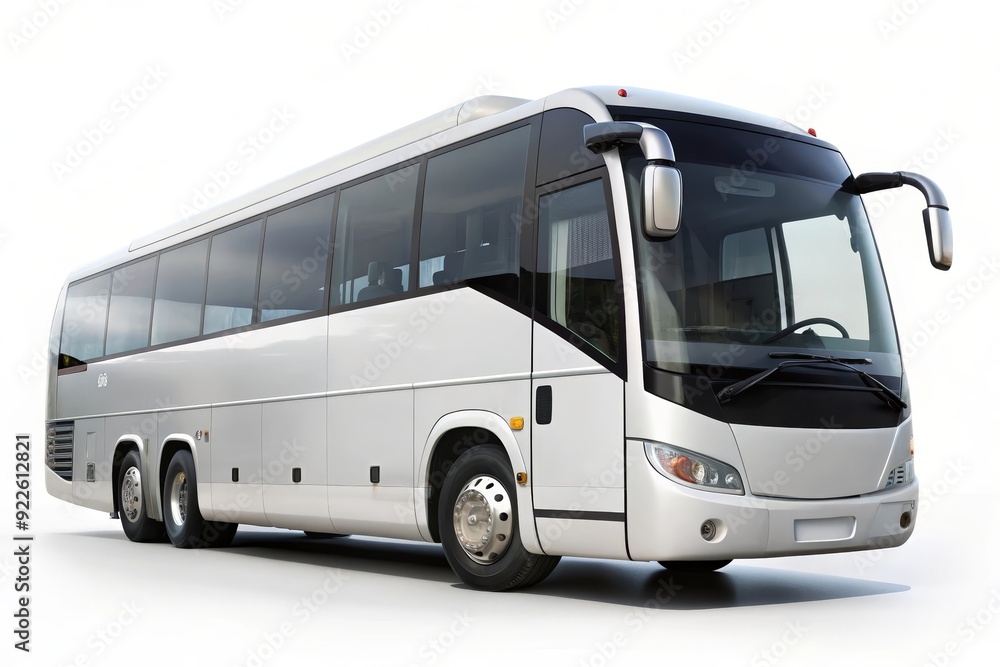 A sleek, modern silver tour bus isolated on a white background. The bus is a symbol of travel, adventure A sleek, modern silver tour bus isolated on a white background. The bus is a symbol of travel, adventure