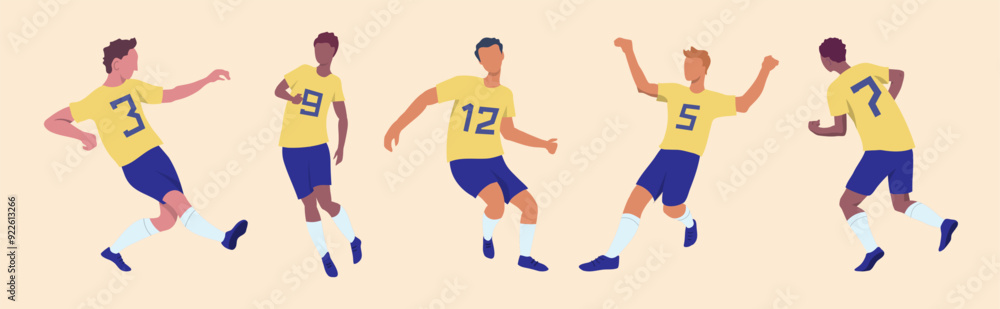 Cartoon Soccer Teams Players Characters Set in Yellow Uniforms Football Match Competition Concept Flat Design Style. Vector illustration Cartoon Soccer Teams Players Characters Set in Yellow Uniforms Football Match Competition Concept Flat Design Style. Vector illustration