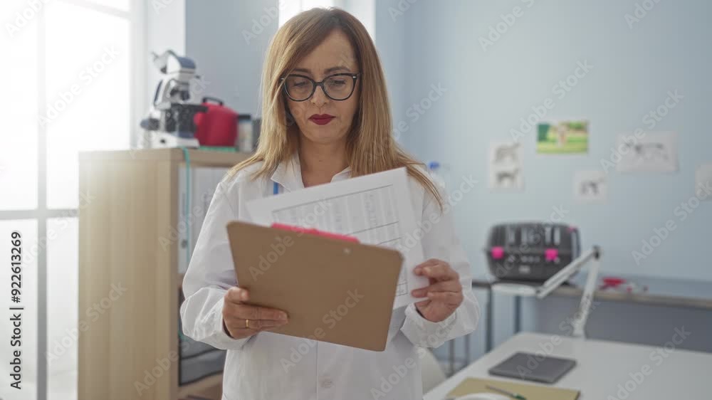 Woman veterinarian examining clipboard in a veterinary clinic brightly lit by natural light Woman veterinarian examining clipboard in a veterinary clinic brightly lit by natural light