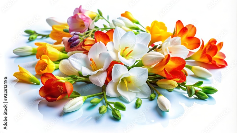 Naklejka premium A delightful arrangement of freesia flowers in various shades of white, yellow, orange, and pink, showcasing the beauty and diversity of nature. The bouquet symbolizes joy, freshness