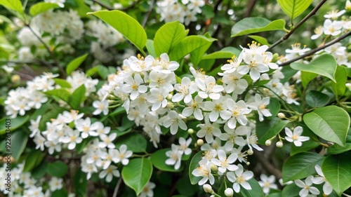 A beautiful image showcasing a close-up of white blossoms on a green bush, symbolizing nature, beauty, spring, growth, and renewal.