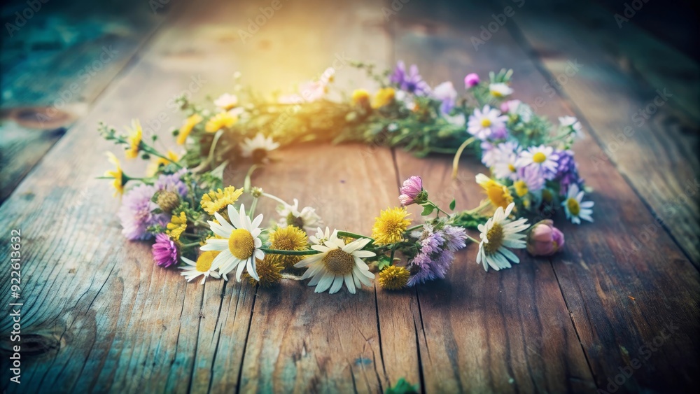 A vibrant wreath of wildflowers arranged on a weathered wooden surface, symbolizing nature's beauty, freshness, and the passage of time. A vibrant wreath of wildflowers arranged on a weathered wooden surface, symbolizing nature's beauty, freshness, and the passage of time.