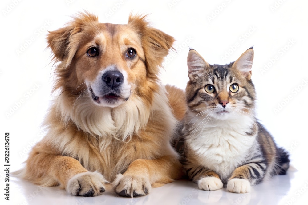 A golden retriever and a Maine Coon cat are sitting side by side, looking at the camera. The dog has its paws in front of it A golden retriever and a Maine Coon cat are sitting side by side, looking at the camera. The dog has its paws in front of it