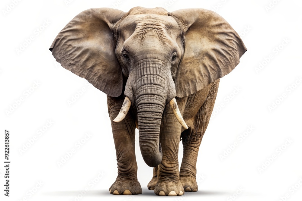 Obraz premium A powerful African elephant stands proudly in profile, its large ears fanned out, showcasing its strength and grace. The white background highlights the elephant's textured skin and impressive tusks