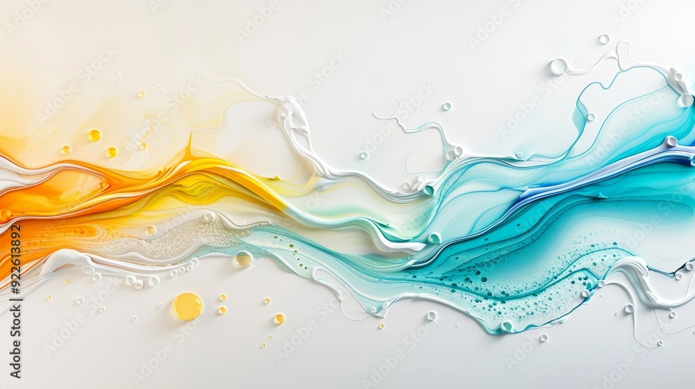 A colorful, abstract painting of a wave with a yellow and blue stripe