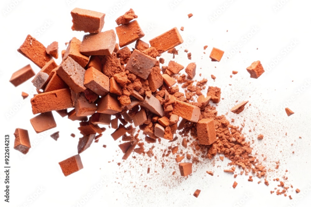 Fototapeta premium A broken brick explodes into pieces, showcasing a rich terracotta color and textured surface. This image symbolizes fragility, construction, and the process of transformation.