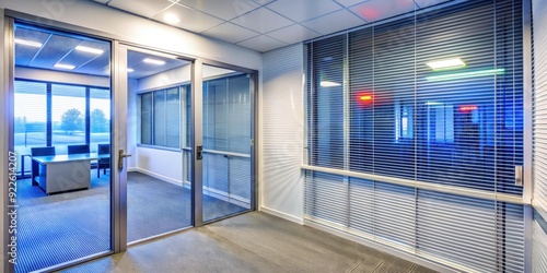 Interior of a police station showing a glass enclosure and empty workspace. Generative AI photo